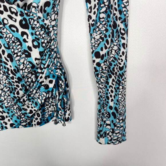 Etcetera XSmall XS Blue White Brown Leopard Print Wrap Long Sleeve Top Stretch - Picture 5 of 7